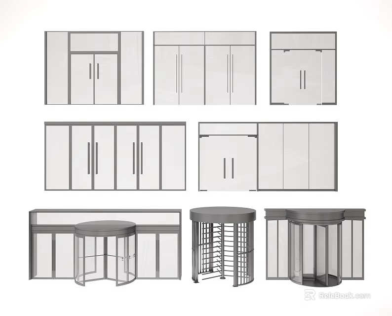 Various Door Designs Featuring Sliding Revolving Panel And Glass Styles Collection 3d model 