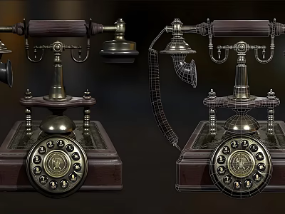 Vintage Rotary Dial Telephone With Wooden Base And Metal Components Wireframe Model 3d model