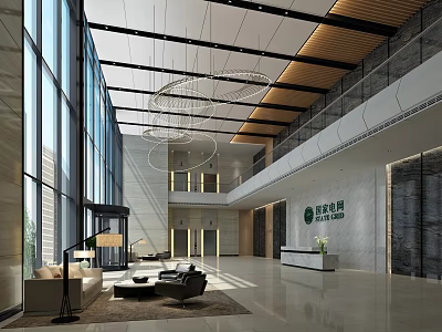 Elegant Modern Lobby Reception Desk With Large Windows Hanging Chandeliers And Sofa Seating Area 3d model