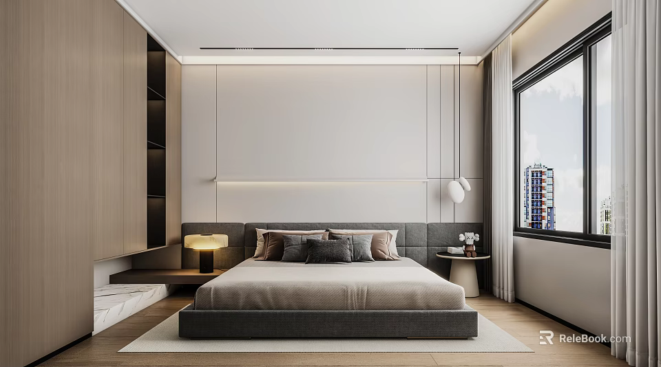 Modern Bedroom Interior With Neutral Tones Upholstered Headboard And City View Window 3d model 