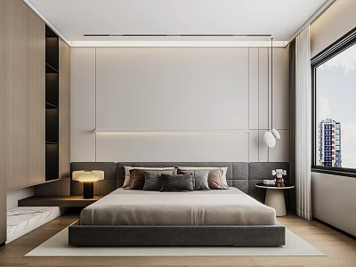 Modern Bedroom Interior With Neutral Tones Upholstered Headboard And City View Window 3d model