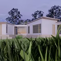 Modern Minimalist White House Exterior With Lawn Trees Blue Sky And Wooden Steps