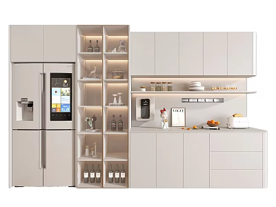 Modern Kitchen Interior Featuring Wine Cabinet with Wine Bottles Glasses and White Cabinets 3d model