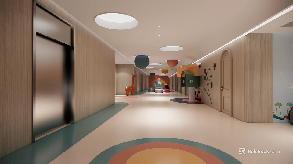 Elevator Corridor with Wooden Walls Circular Skylights and Colorful Floor Patterns 3d model
