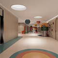 Elevator Corridor with Wooden Walls Circular Skylights and Colorful Floor Patterns 3d model