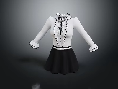 Feminine White Blouse With Black Ruffled Collar Cuffs And Black Skirt 3d model