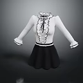 Feminine White Blouse With Black Ruffled Collar Cuffs And Black Skirt