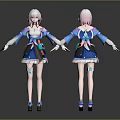 Anime Characters With Pink Hair And Blue White Outfit Front Back Views Decorative Accessories