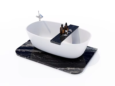 Stylish White Bathtub On Black Marble Countertop With Bath Product Bottles And Silver Faucet 3d model