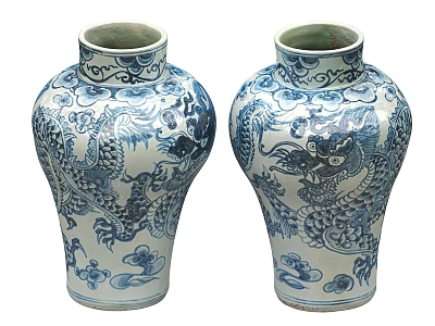 Two Traditional Blue And White Porcelain Vases With Dragon Pattern And Floral Motifs 3d model