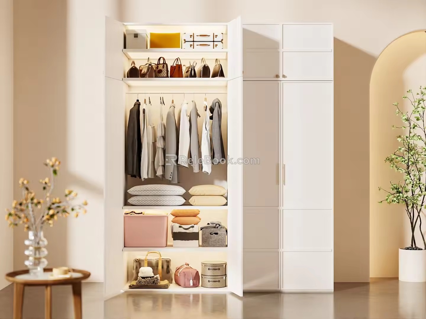 Cream Style Bedroom Wardrobe Scene Warm Light and Shadow Clothes Decoration Clothes Combination Flowers Simple and Fresh 3d model