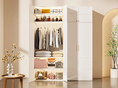 Modern White Open Wardrobe Interior With Hanging Folded Clothes Storage Bags Shoes And Decorative Plants 3d model