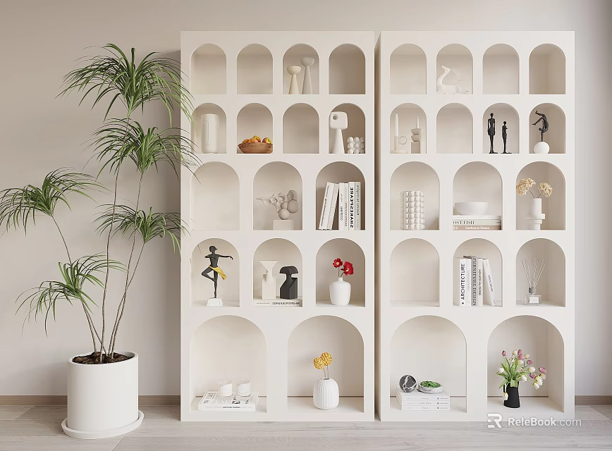 Double White Display Cabinet With Arched Compartments Holding Ornaments Books Vases Beside Tall Potted Plant 3d model 