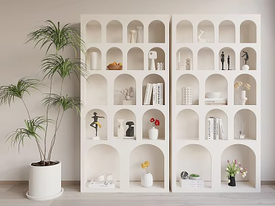 Double White Display Cabinet With Arched Compartments Holding Ornaments Books Vases Beside Tall Potted Plant 3d model