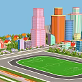 Cartoon City Scene With Colorful Tall Buildings Low Rise Structures Green Lawns And Trees