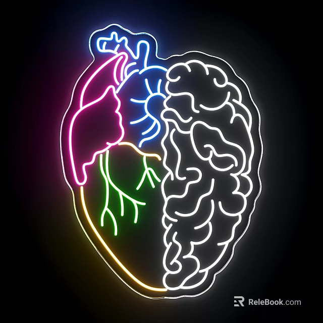 Neon Decorative Lights with Heart and Brain Outline in Neon Colors on Black Background 3d model 