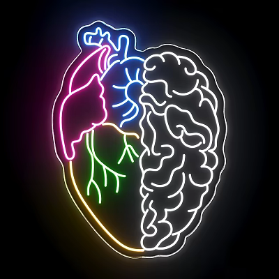 Neon Decorative Lights with Heart and Brain Outline in Neon Colors on Black Background 3d model