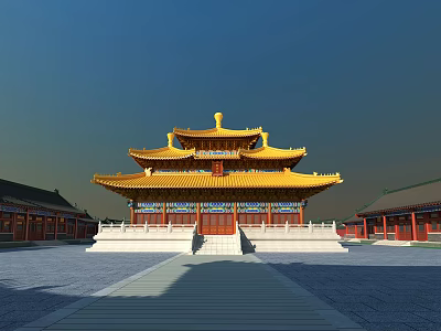 Ancient Chinese Architecture With Yellow Glazed Roof Multi Tiered Structure Front Plaza And Stone Steps 3d model