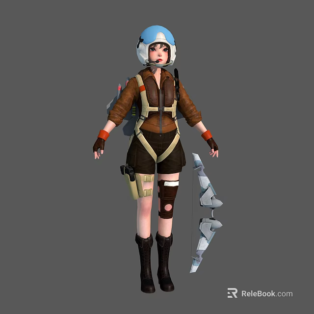 Adventure Themed 3D Female Character With Brown Coat Helmet And Bow Weapon 3d model 