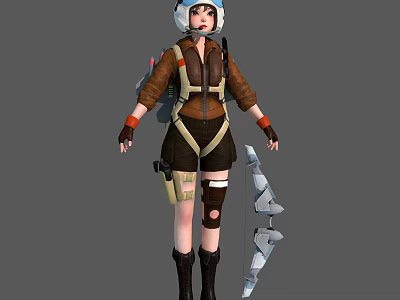 Adventure Themed 3D Female Character With Brown Coat Helmet And Bow Weapon 3d model