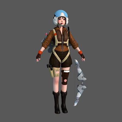 Adventure Themed 3D Female Character With Brown Coat Helmet And Bow Weapon 3d model