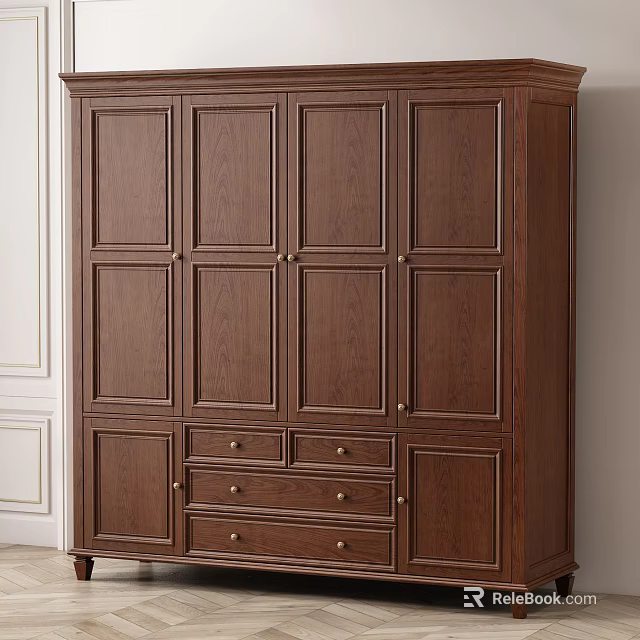 Classic Wooden Wardrobe with Multiple Doors and Drawers Traditional Design for Bedroom Storage 3d model 