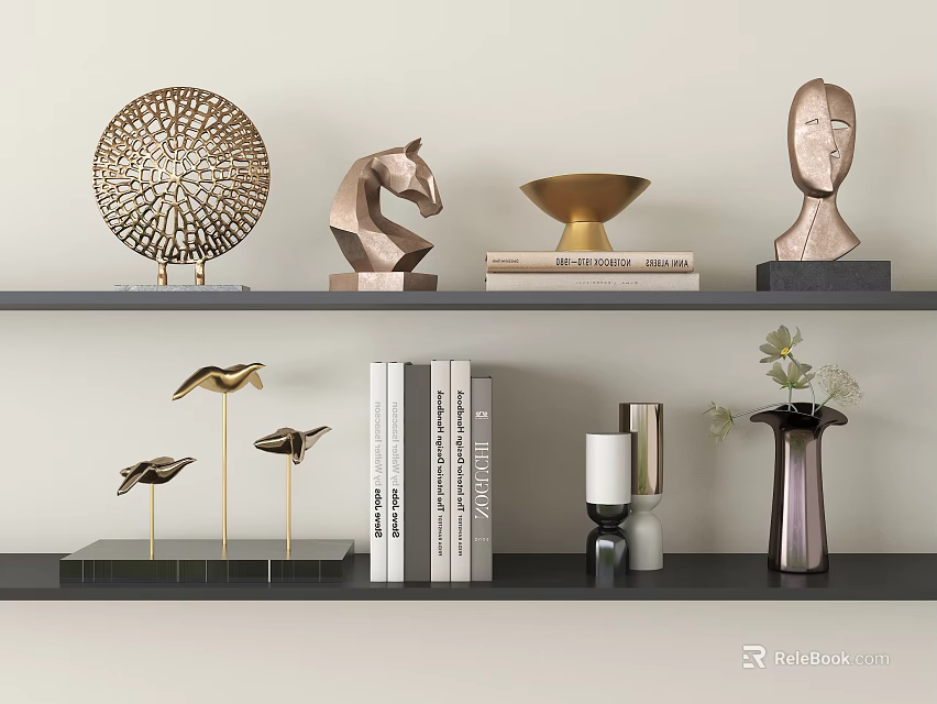 Elegant Decorative Ornament Set with Horse Sculpture Bird Figurine Books and Vase on Shelves 3d model 