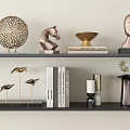 Elegant Decorative Ornament Set with Horse Sculpture Bird Figurine Books and Vase on Shelves