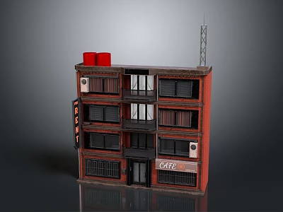 Multi Storey Residential Building With Brick Red Exterior Black Window Railings And Ground Floor Cafe 3d model