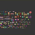 Colorful 3D Scene Components Collection With Street Lights Food Models And Traffic Signs