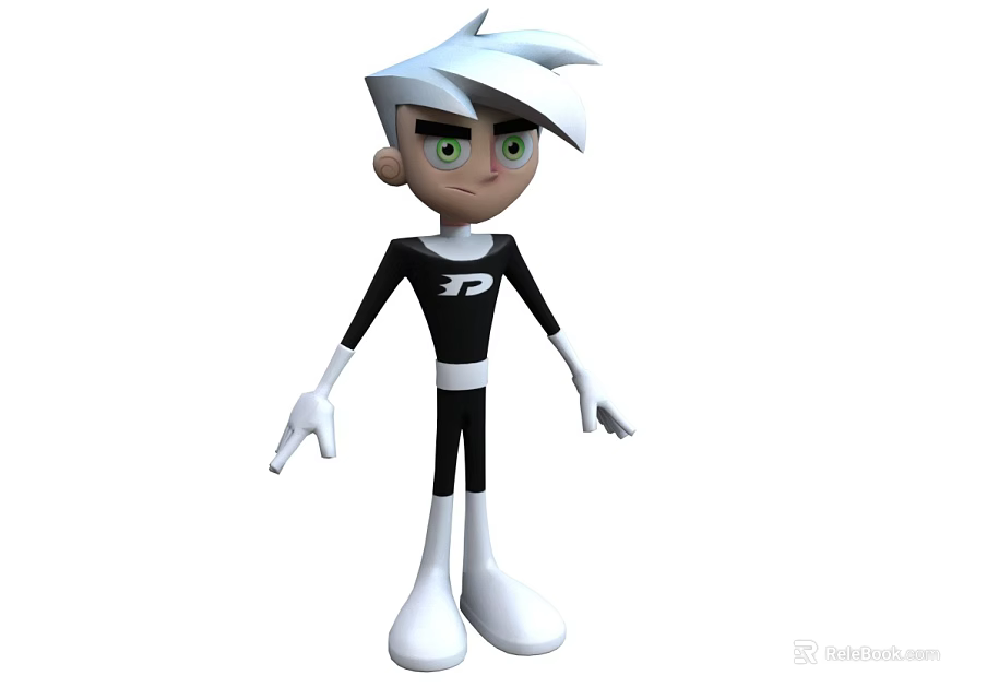 Cartoon Man With White Hair Green Eyes In Black Outfit And White Accessories 3d model 