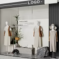 Natural Chic Window Display With Mannequins Dresses Plants Hat And Handbags