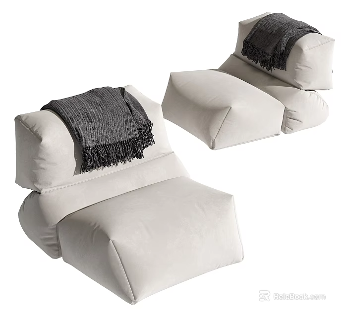 Cozy Modern Single Sofa in Ivory Plush Fabric with Fringed Grey Blanket for Living Room 3d model 