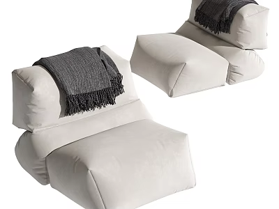 Cozy Modern Single Sofa in Ivory Plush Fabric with Fringed Grey Blanket for Living Room 3d model