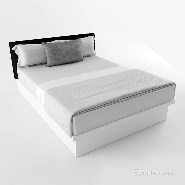 Modern Double Bed With Black Headboard White Pillows And Gray Cushion 3d model