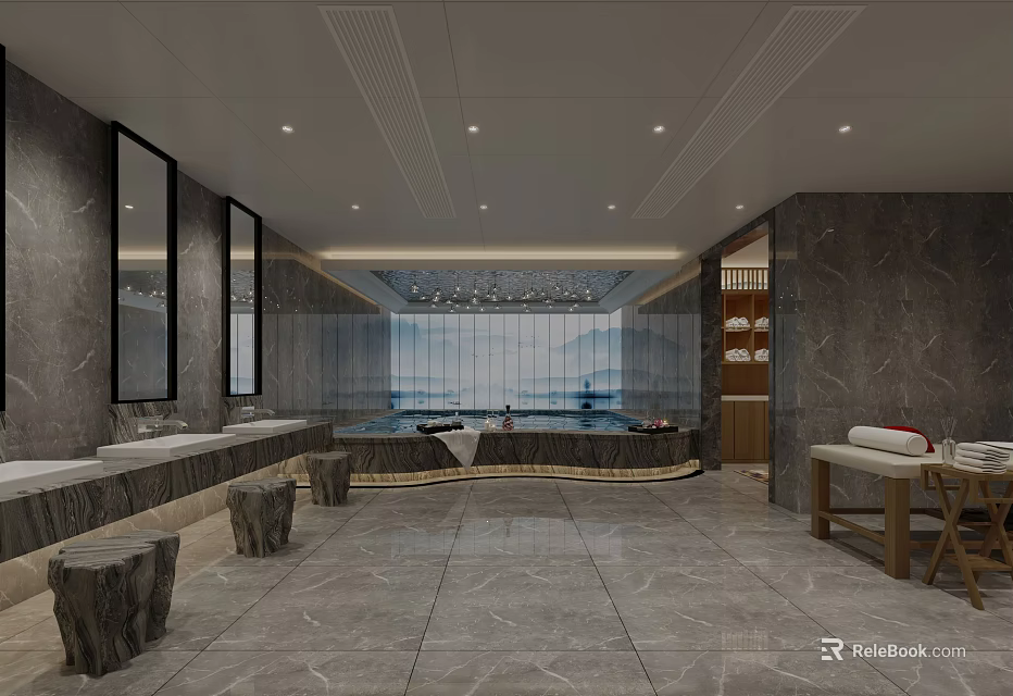 Modern SPA Sauna Interior With Marble Walls Mirrors And Wooden Benches 3d model 