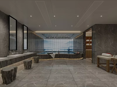 Modern SPA Sauna Interior With Marble Walls Mirrors And Wooden Benches 3d model