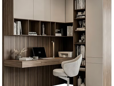 Modern Home Office Bookcase With Wooden Desk White Chair Books And Decorative Items 3d model