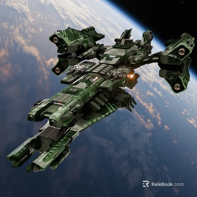 Large Green Military Style Spaceship Flying Near Earth in Space 3d model 