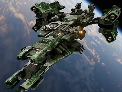 Large Green Military Style Spaceship Flying Near Earth in Space 3d model