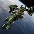 Large Green Military Style Spaceship Flying Near Earth in Space