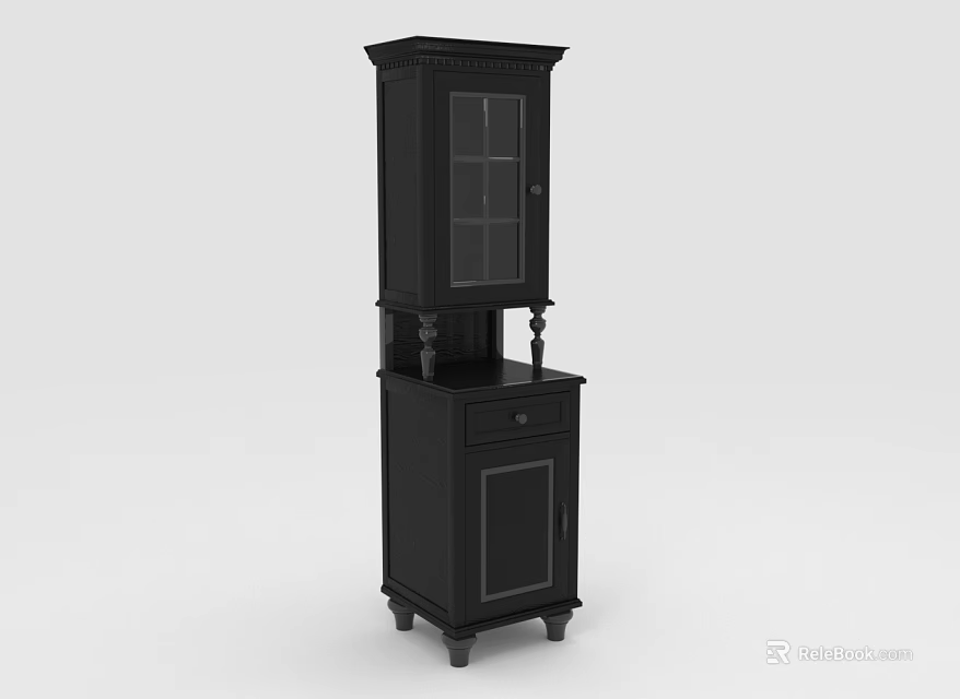 Traditional Black Storage Cabinet With Glass Door Drawer And Classic Design 3d model 
