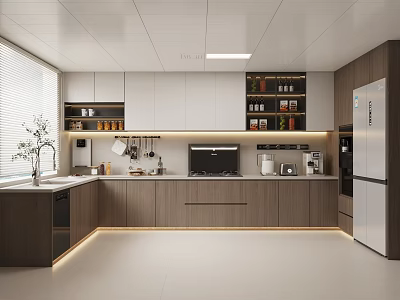 Modern Kitchen Interior With Wooden Cabinets White Countertop And Stainless Steel Appliances 3d model