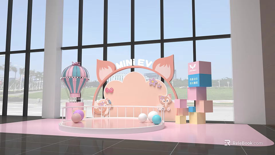 Pink Cartoon Scene With Fox Ear Arch HILIEY Hot Air Balloon Colorful Blocks And Dolls 3d model 