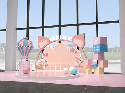 Pink Cartoon Scene With Fox Ear Arch HILIEY Hot Air Balloon Colorful Blocks And Dolls 3d model