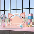 Pink Cartoon Scene With Fox Ear Arch HILIEY Hot Air Balloon Colorful Blocks And Dolls