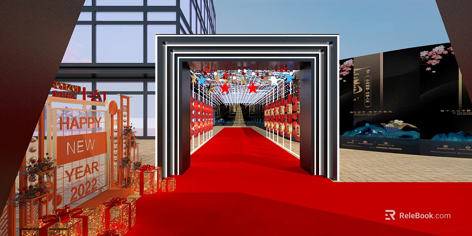 Elevator Corridor With Red Carpet Festive Decorations Display Shelves And Lighting 3d model