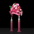 Pink And Yellow Floral Arch Art Installation With Decorative Pillars And Green Leaves