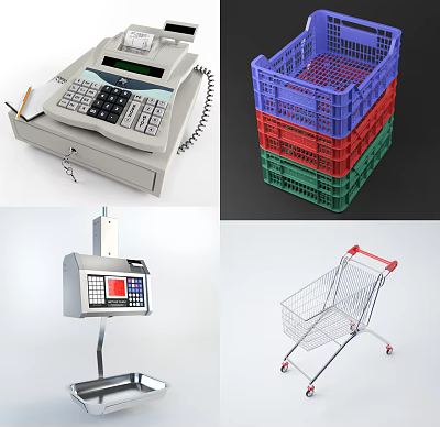 Modern shopping cart supermarket cash register electronic scale shopping cart basket combination 3d model