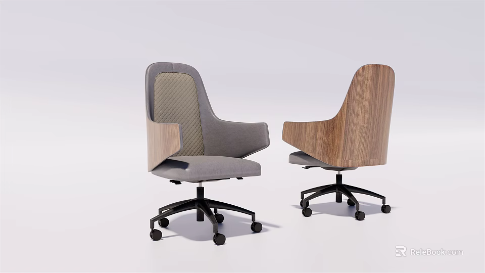 Gray Fabric And Wooden Backrest Office Chair With Wooden Armrests And Black Wheel Base 3d model 